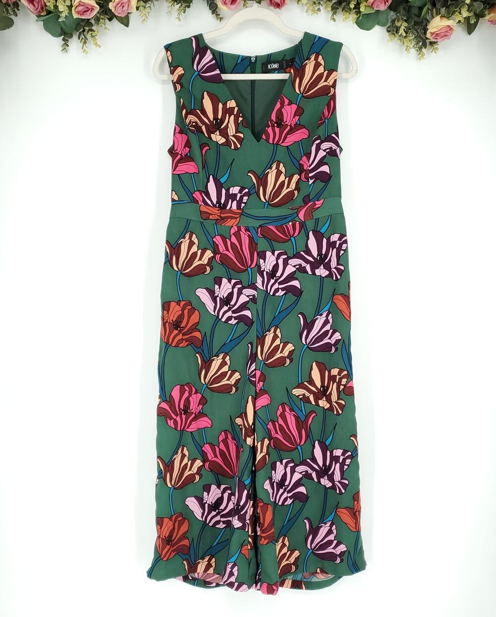 Icone Green Floral Sleeveless V-neck Jumpsuit Size 8